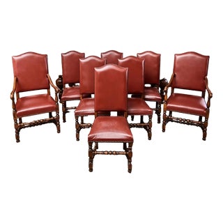 Vintage Louis XIII Style Chairs in Oak and Red Leather, Set of 8 For Sale