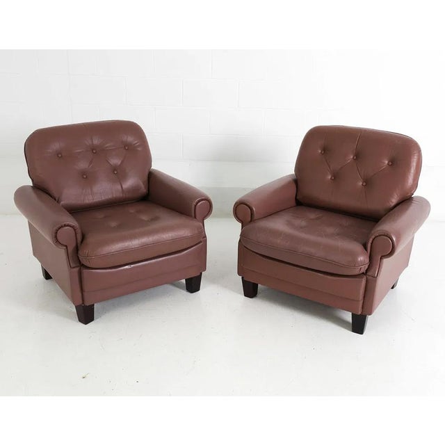 Pair Tufted Leather Lounge Chairs Pair Mid Century EuroVintage For Sale - Image 14 of 16