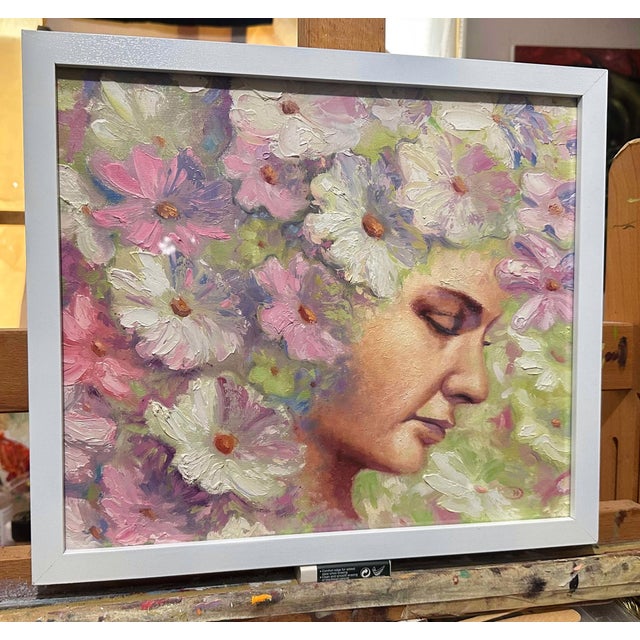 Impressionist Amongst the Petals by Dominic Harman | Oil On Board Portrait of a woman surrounded by flowers For Sale - Image 3 of 4