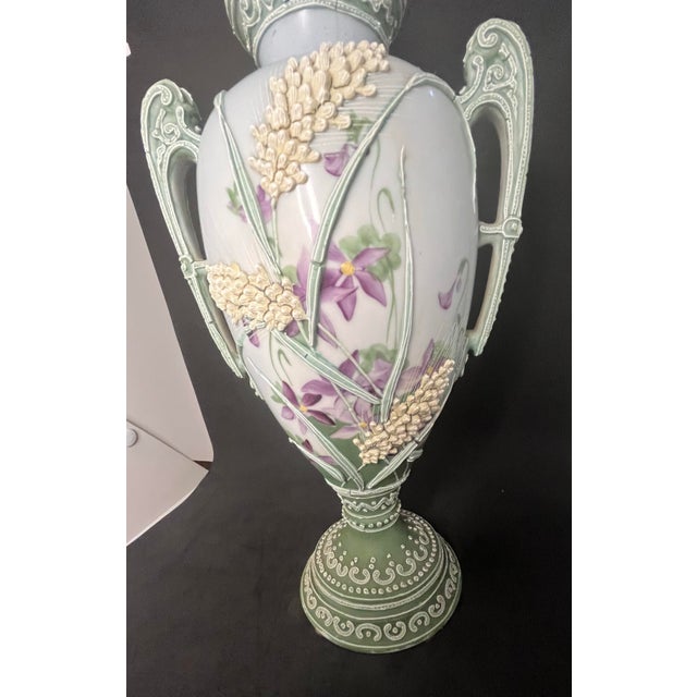 Japanese Antique Nippon Hand-Painted Moriage Covered Urn Vase – 13” For Sale - Image 3 of 12