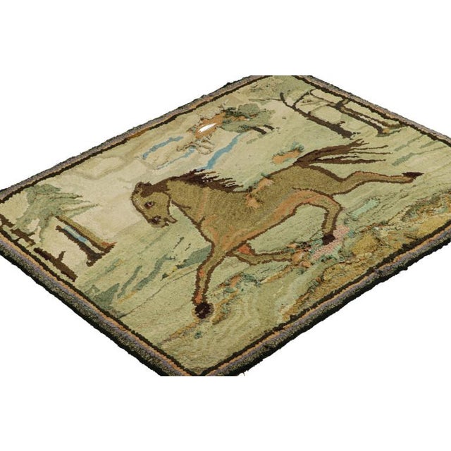 1920s Antique Hooked Rug With Horse Pictorials in Blue and Cream From Rug & Kilim For Sale - Image 5 of 8