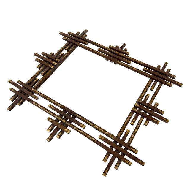 Antique 1900s Large Geometric Decorated Folk Art Wood Picture Frame - Adirondack Eastlake Style W/ Gold Painted Arrow Motif - 24.5" X 23.75" For Sale - Image 4 of 16