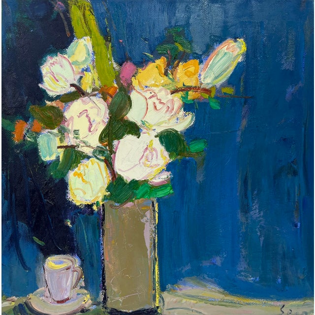 A richly expressive original oil painting on canvas featuring a bold bouquet of blooming florals against a striking deep...