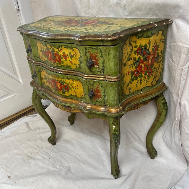 Antique Venetian Floral Paint Decorated Commode. Carved walnut cabriole legs ,serpentine carved walnut top all paint...