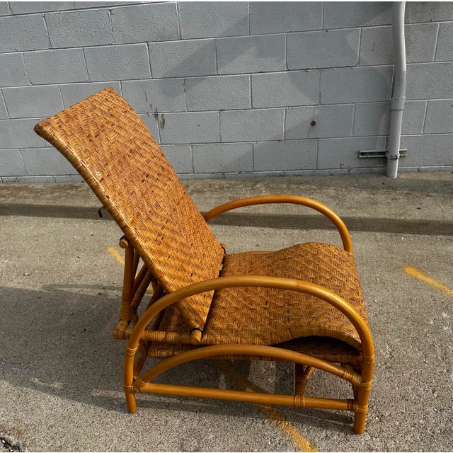 Vintage Reclining Rattan Bamboo Chaise Lounge With Footrest For Sale - Image 9 of 12