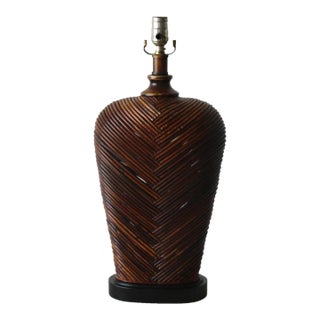Vintage Scorched Burnt Style Bamboo Rattan Wicker Table Lamp For Sale