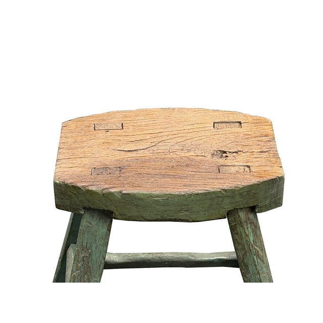 Rustic Bold Distressed Light Sage Green 4 Legs Wood Stool Side Table Stand For Sale - Image 11 of 15