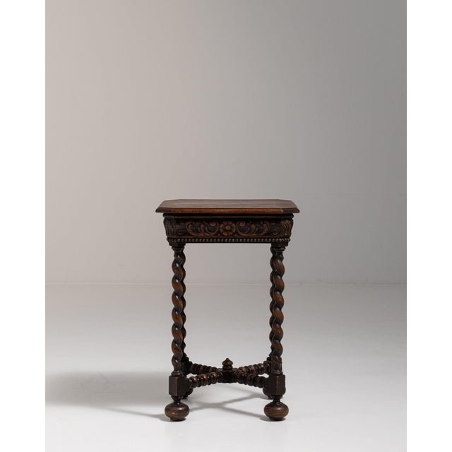 Jacobean 19th Century France Deep Walnut Brown Carved Barley-Twist Pedestal Side Table For Sale - Image 3 of 11