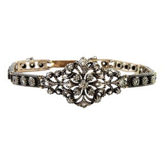 Art Deco Gold and Silver Bracelet with Central Brilliant-Cut Diamond and Diamond Chips For Sale