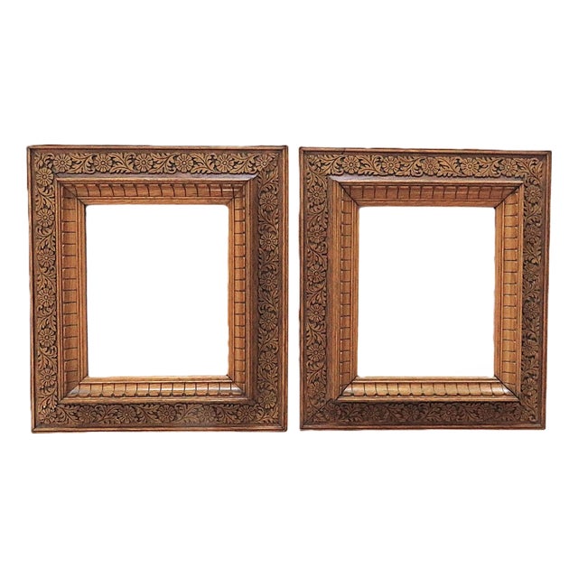Pair of 19th C. Frames Carved Oak Wood Aesthetic Eastlake Victorian Era Fits 12" X 10" Picture For Sale