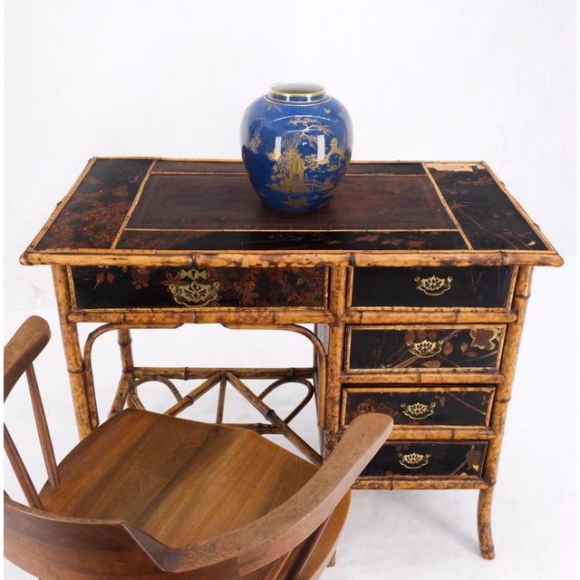 Wood Antique Asian Oriental japaneese Burned Bamboo Hand Painted Decorated Desk Table For Sale - Image 7 of 18