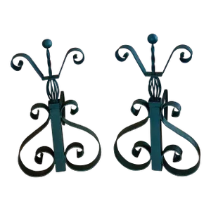 Vintage Spanish Mission, Spanish Colonial Scrollwork Black Wrought Iron Fireplace Andirons in the Style of Addison Mizner- Set of 2