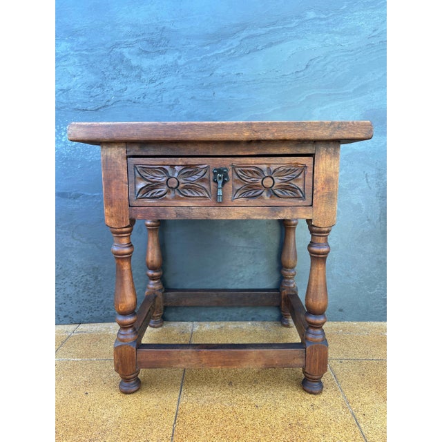 Pair of Spanish Rustic Bedside Tables With Carved Drawers, Mid-20th Century For Sale - Image 11 of 11