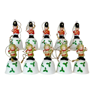 1980s Vintage Americana Porcelain Christmas Bell Ornaments - Set of 10
