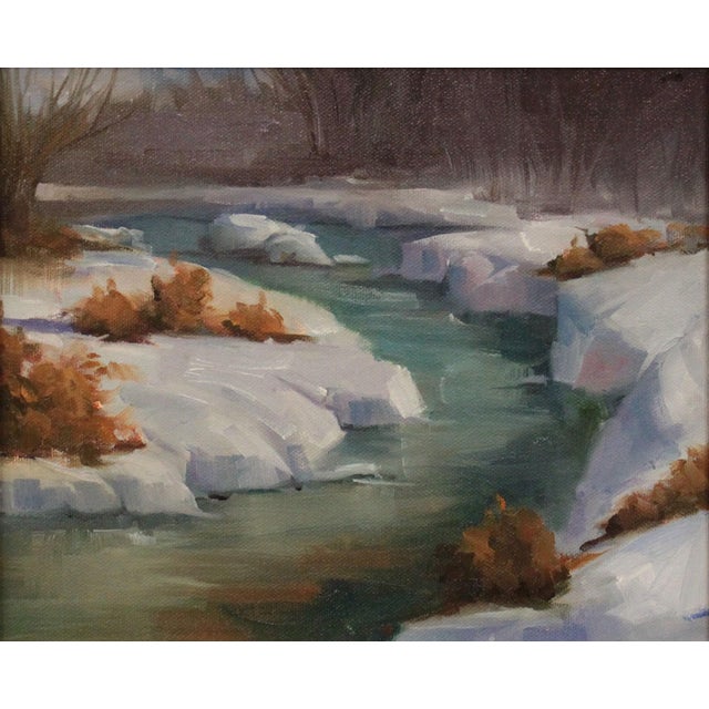 Cherry Creek 1 by Ali Ghassan | Oil Painting of a creek with snow and trees For Sale
