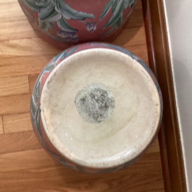 Vintage Pair of Chinoiserie Large Porcelain Koi Fish Bowl Planters Floral Motif For Sale - Image 10 of 12