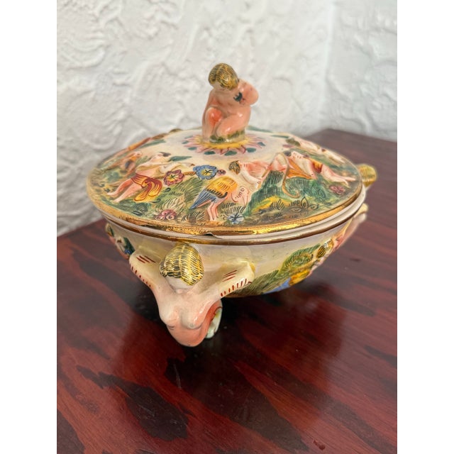 Pink Vintage Italian Capodimonte Porcelain Lidded Dish With Cherubs For Sale - Image 8 of 10