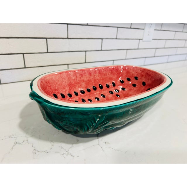 1980s Vintage Watermelon Glazed Pottery Serving Bowl - Green Red Oval Bowl For Sale - Image 5 of 11