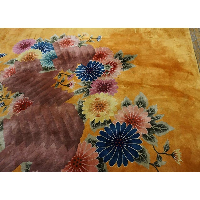 Art Deco Brilliant Yellow Goldenrod Color With Lovely Flower Design Antique Chinese Art Deco Rug For Sale - Image 3 of 8
