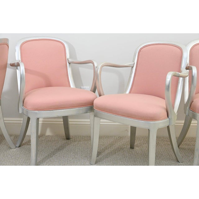 Late 20th Century Set of Four Ss Normandie–Style Dining Armchairs — Silver-Painted Art Deco Chairs With Blush Upholstery For Sale - Image 4 of 6