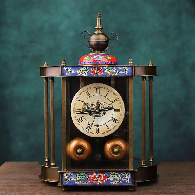 Mid 20th Century Vintage German Cloisonné Mantel Clock | 8-Day Mechanical Movement With Enamel Panels For Sale - Image 5 of 10