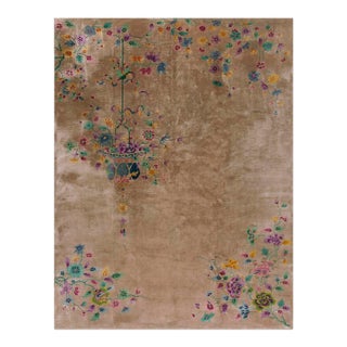 1920s Tan Sand Vase Floral Antique Chinese Art Deco Carpet 8'9" X 11'4" Knotted Wool Rug For Sale