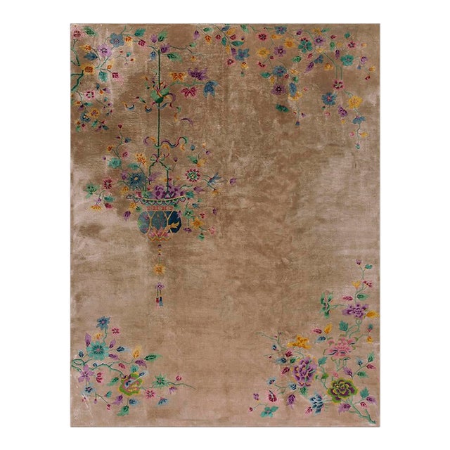 1920s Tan Sand Vase Floral Antique Chinese Art Deco Carpet 8'9" X 11'4" Knotted Wool Rug For Sale