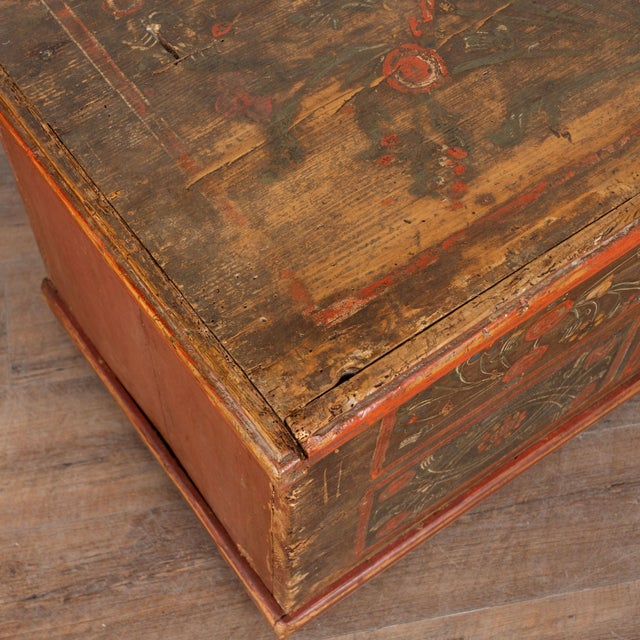 19th Century Hungarian Flat Top Original Hand Painted Pine Trunk For Sale - Image 10 of 15