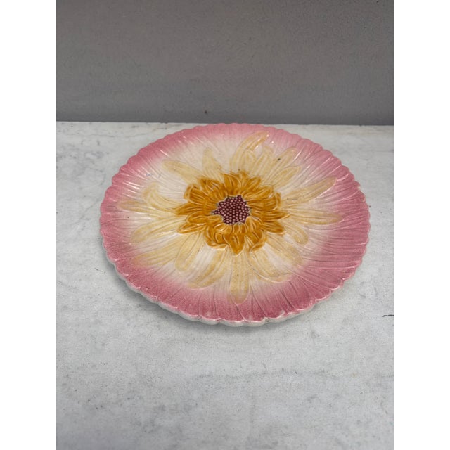French Majolica pink daisy plate Orchies, circa 1890.