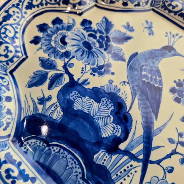 Ceramic Vintage Royal Delft Blue & White Bird & Floral Wall Plaque, Porceleyne Fles Hand-Painted Dutch Faience Charger Plate For Sale - Image 7 of 9
