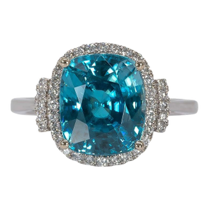 7.9Ct Blue Zircon Ring With Natural Diamond Halo: Solid 14k Gold, Size 6.75