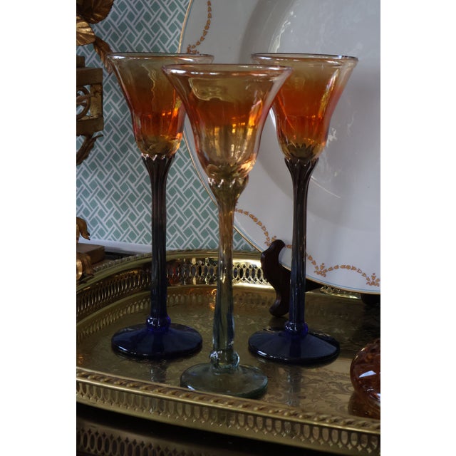 Late 20th Century Rick Strini Signed Iridescent Amber & Cobalt Tulip Art Glass Goblets, Set of 3 For Sale - Image 9 of 18