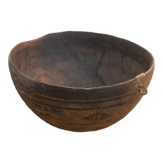 Antique Engraved Bowl W/ Brass Ring Handle For Sale