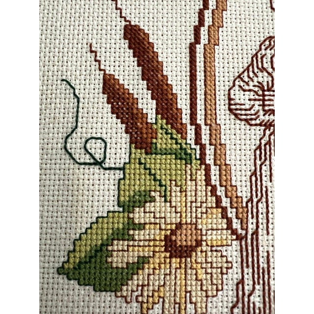 80s Vintage Thanksgiving Harvest Fall Handmade Embroidered Folk Art Piece in Wood Frame For Sale - Image 4 of 5