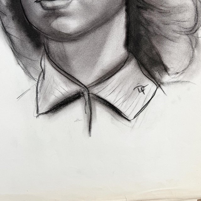Mid-Century Modern Large Vintage Charcoal Portrait Drawing of a Woman With Rolled Curl For Sale - Image 3 of 8