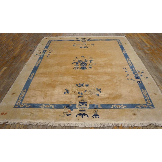 1920s Tan Sand Vase Floral Vintage Chinese Peking Carpet 8' '' X 9' 8'' Wool Knotted Rug For Sale - Image 12 of 12