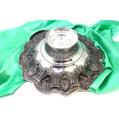 Silver Fruit Bowl with Shell-Shaped Cutouts, Reliefs, Double Handle with Monogram Card, in Very Good conditions. Designed...