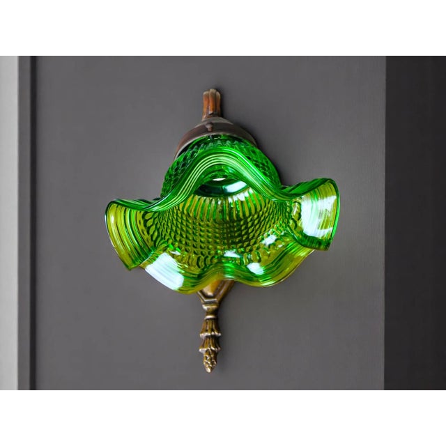 Art Nouveau Style Green Glass Tulip and Ornate Brass Wall Light For Sale - Image 6 of 12