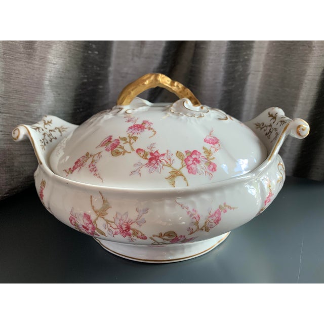 Antique French Limoges Pink and Lavender Flowers Round Serving Dish With Lid by Elite Works For Sale - Image 13 of 13