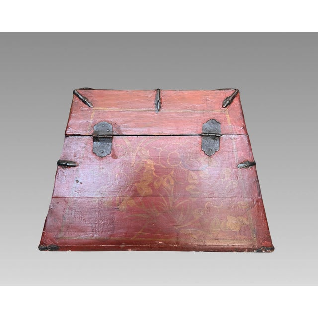 Wood Certified Antique Red Lacquer Chinese Trapezoid Dragon & Cloud Box / Iron Bound Wood Chest With Original Iron Fittings For Sale - Image 7 of 10