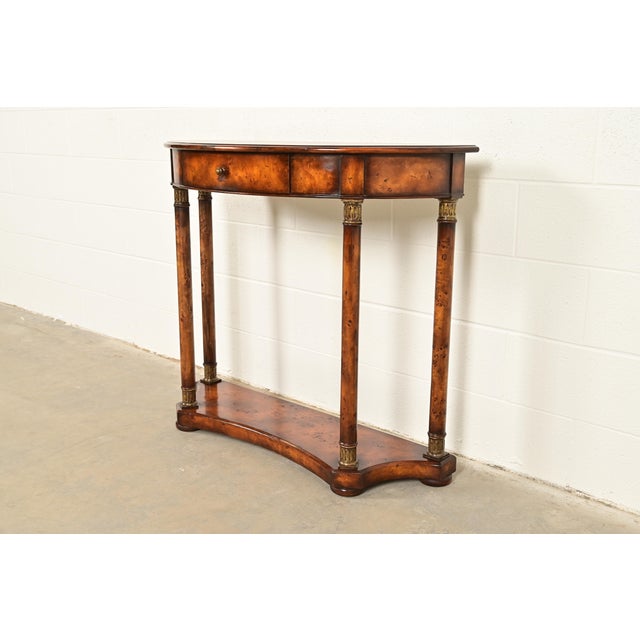 French Maitland Smith Style French Empire Burl Wood and Gold Gilt Demilune Console Table For Sale - Image 3 of 16