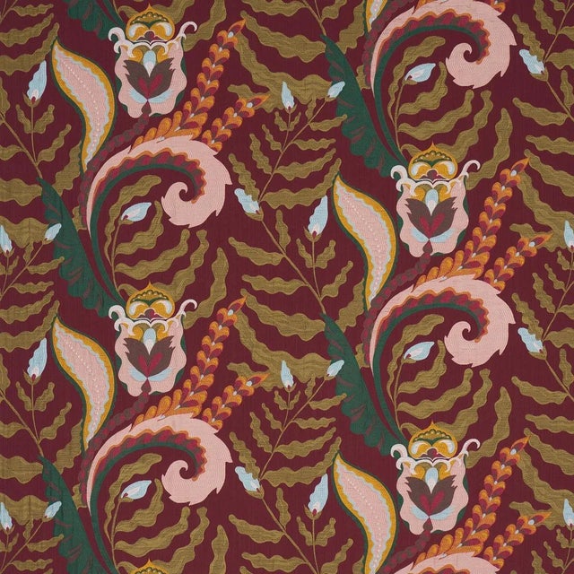 Schumacher X Laura Gonzalez Jaipur Fantaisie Fabric In Aubergine For Sale