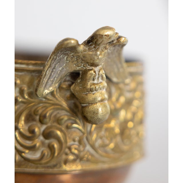 Brass Antique English Brass & Copper Repoussé Footed Cachepot Planter With Eagle Handles For Sale - Image 8 of 11