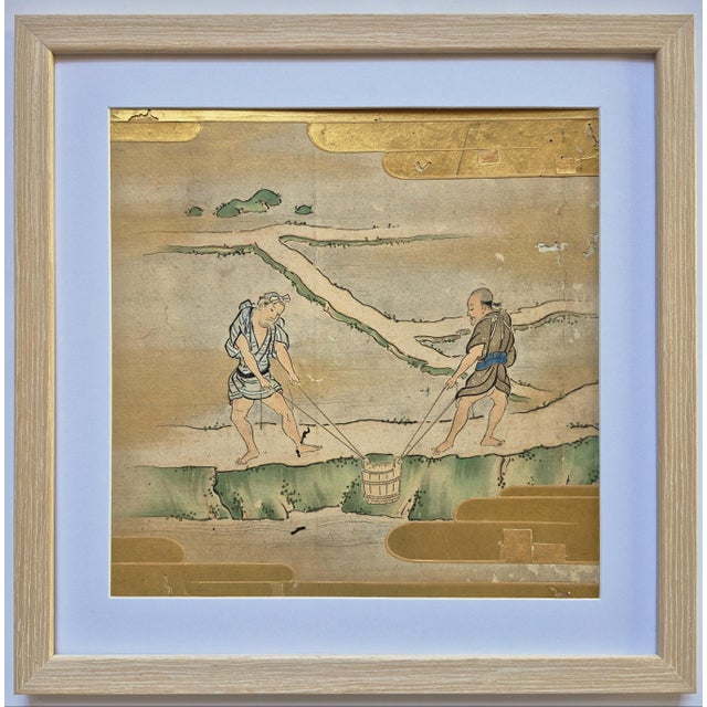 Set of 2 Antique Edo Era Japanese Landscape Paintings of Farmers in Rice Fields – Newly Framed For Sale - Image 4 of 8