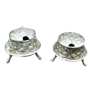 Antique S E Asia Silver Praying Buddha Repousse Covered Salt Cellars Hoofed Feet- Set of 2 For Sale