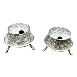 Antique S E Asia Silver Praying Buddha Repousse Covered Salt Cellars Hoofed Feet- Set of 2