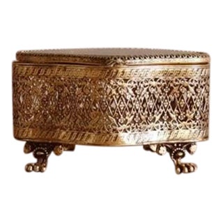 Vintage Gold Filigree & Beveled Glass Vanity Box For Sale