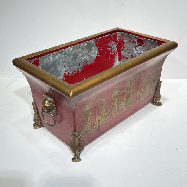 Pair Vintage Greek / Roman Neoclassical Red Painted Tole and Bronze Jardinieres For Sale - Image 11 of 12