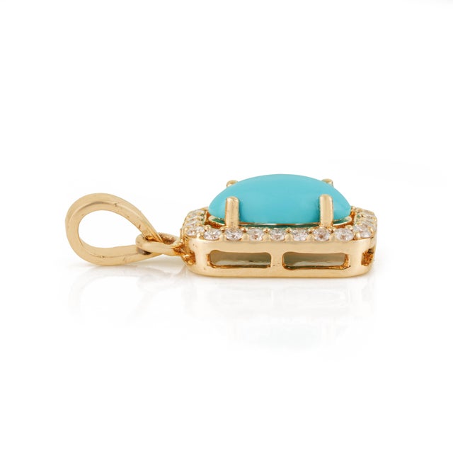 Metal Art Deco Cabochon Oval Turquoise Diamond Halo Pendant in 14k Yellow Gold For Sale - Image 7 of 13