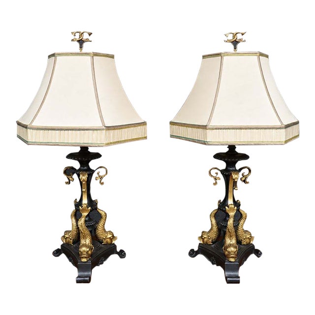 Antique French Empire Style Bronze Dolphin Table Lamps – Pair For Sale